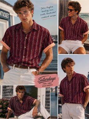 VTG 80s Saturdays Pink Graphic New Wave Preppy Cotton Shirt Large